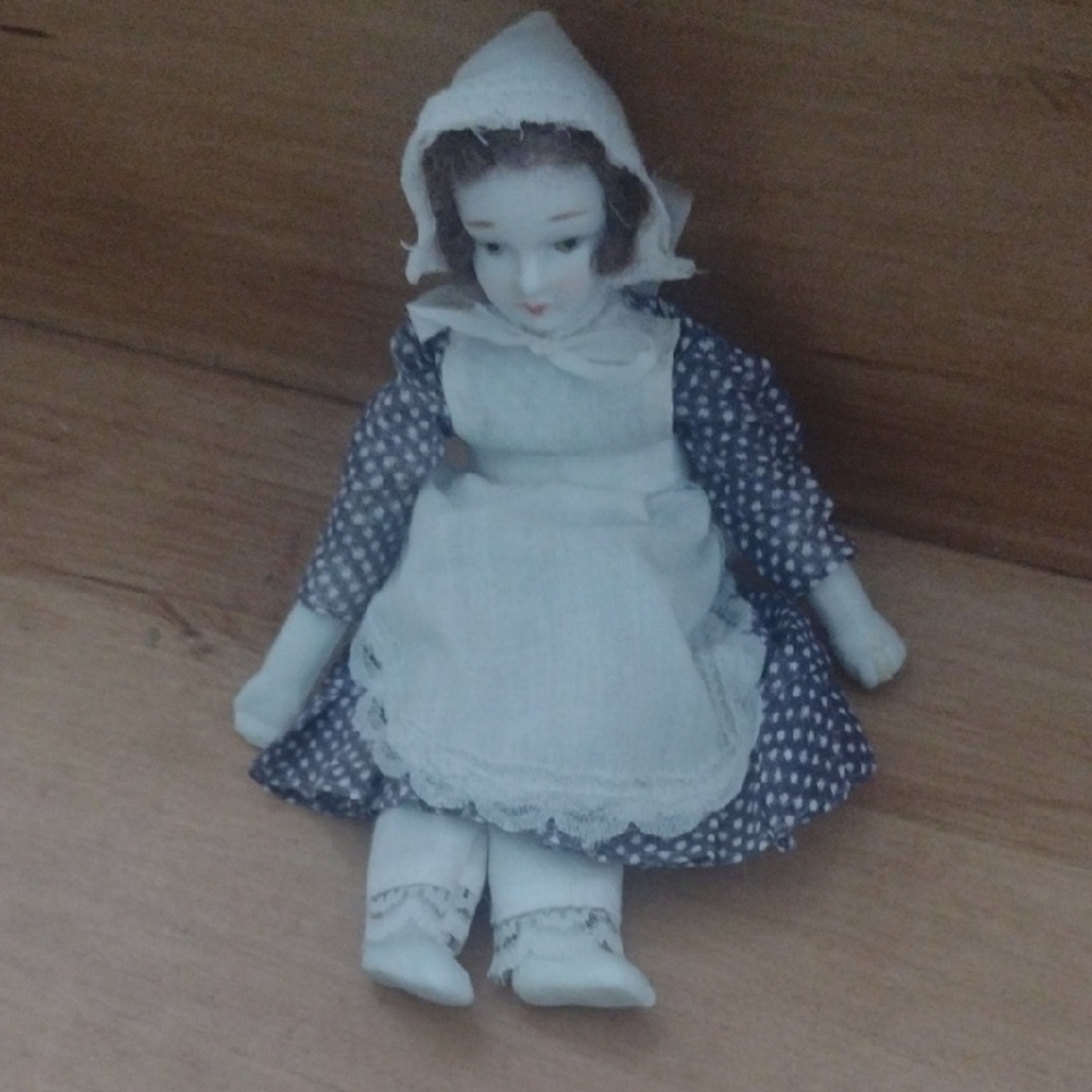 Vintage Porcelain Bisque  Blue and White Doll.